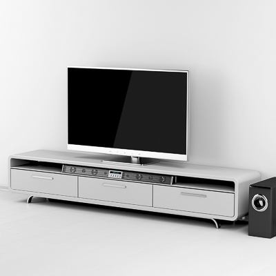 TV sitting on a home entertainment cabinet with speakers and a sound system.